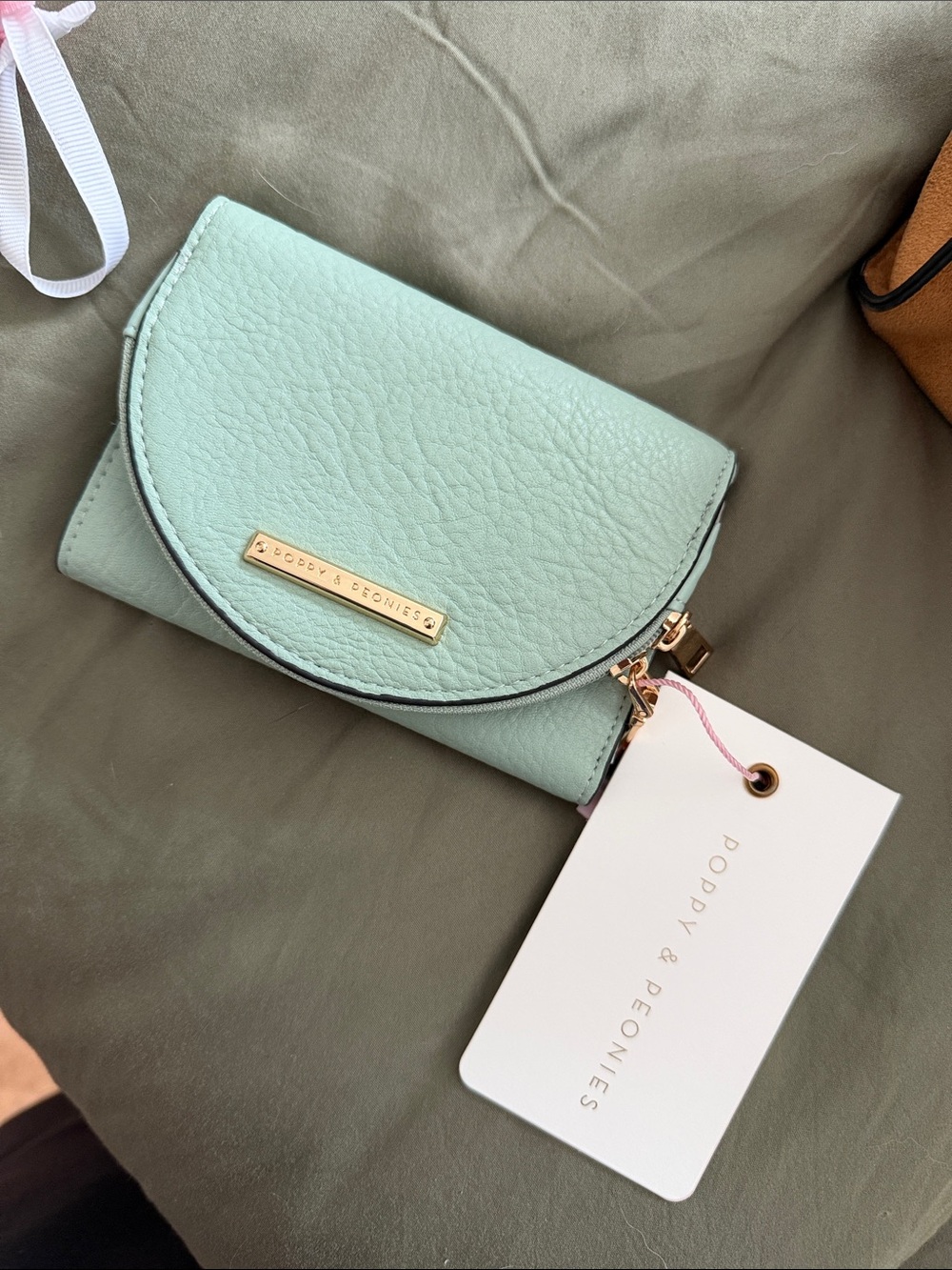 Poppy & Peonies Mint Pebbled Leather Compact Wallet with Gold Hardware